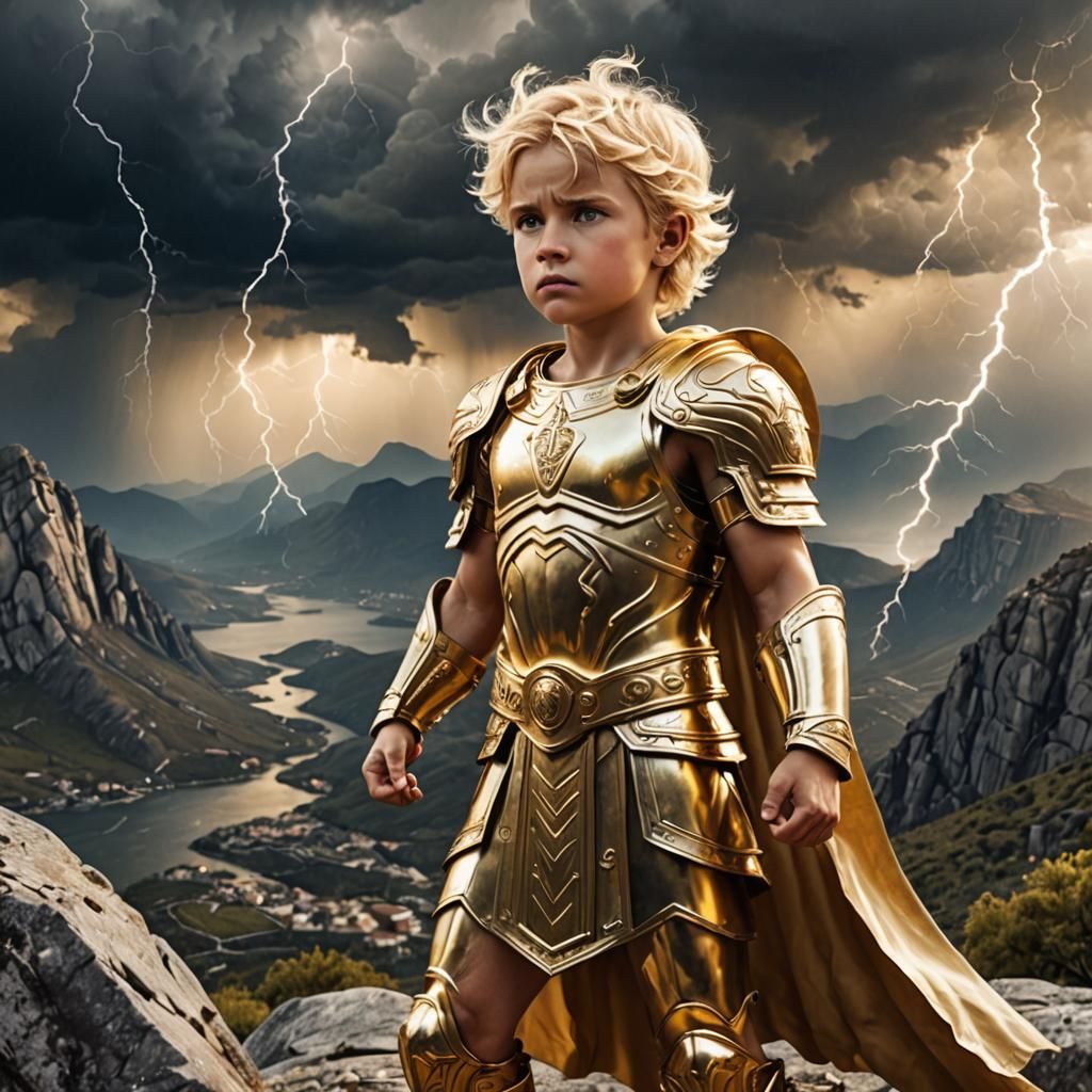 Powerful deity young little cute boy god of storms showing p...