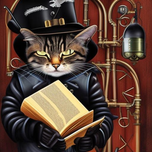 Sinister Steampunk Cat Pirate holding books - AI Generated Artwork ...