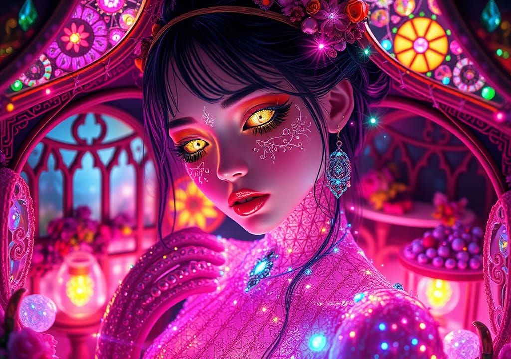 Colorful String Art: Goth Girl in Crystal Village