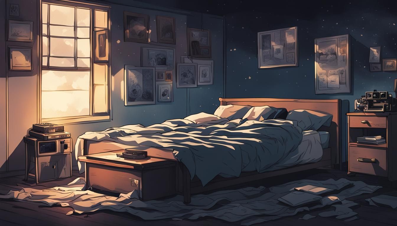 A Polaroid camera on the bed in a anime style. Dark room. Sad And