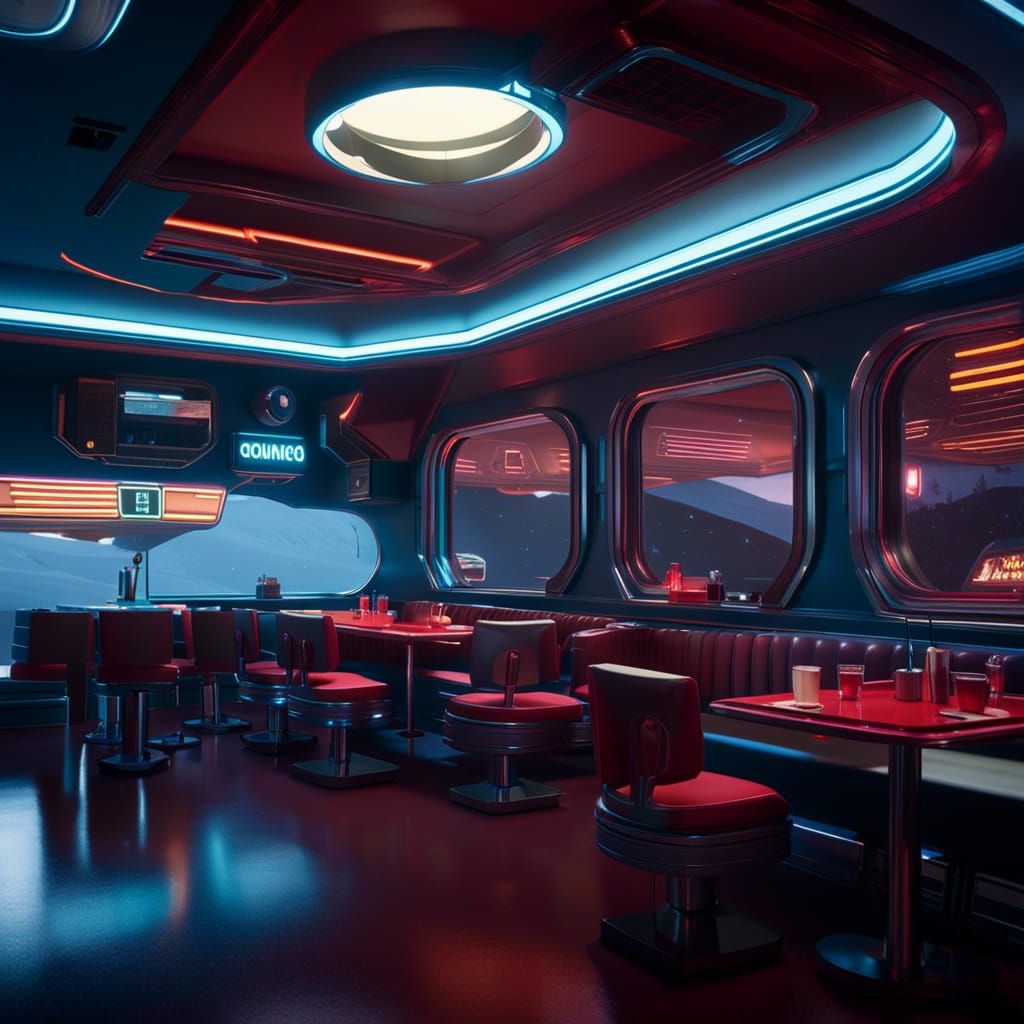 retrofuturisitc, galactic, dimly lit Diner on an asteroid, by Edward ...