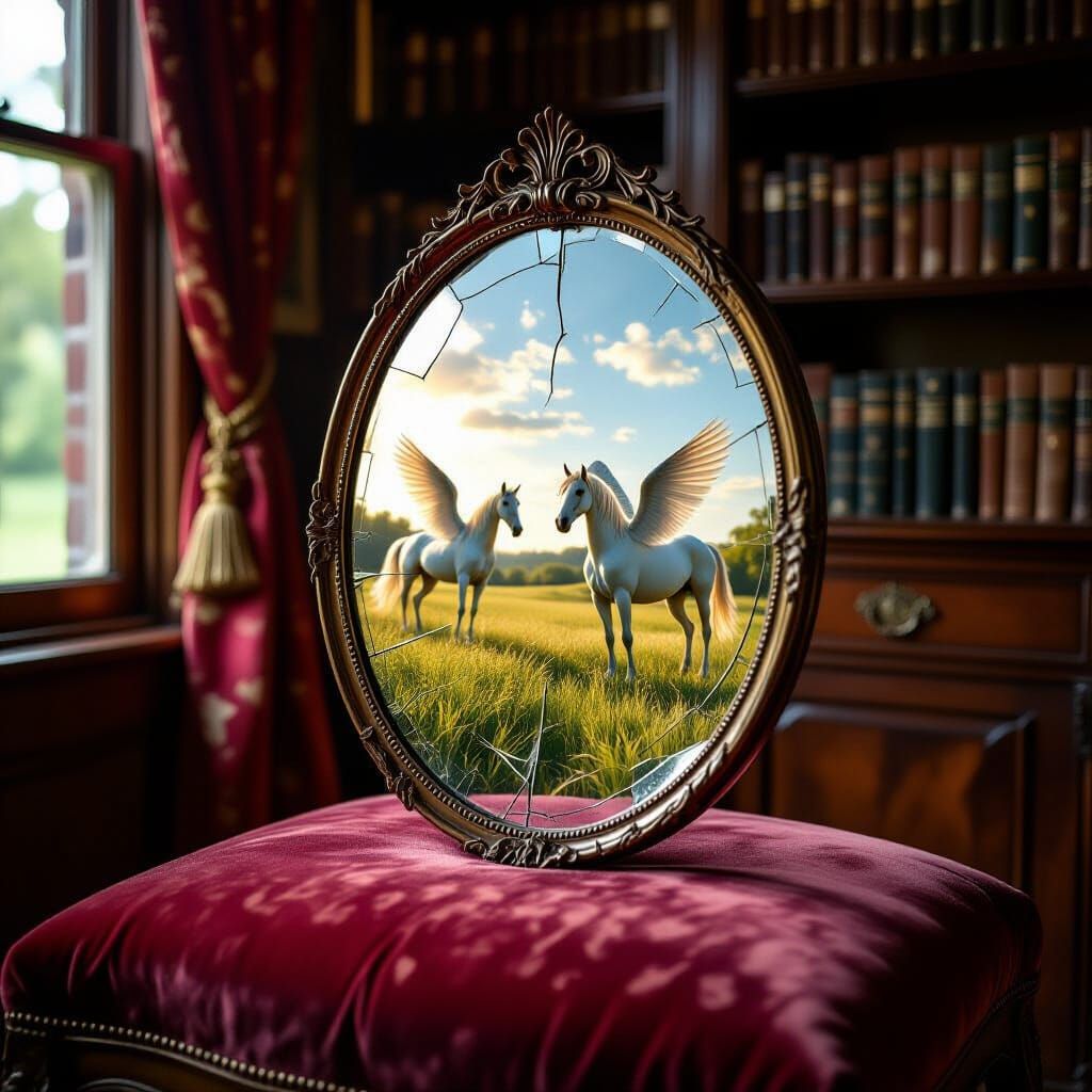 A cracked, antique mirror resting on a velvet cushion in a dimly lit Victorian study acts as a portal. ...  by @Observer1