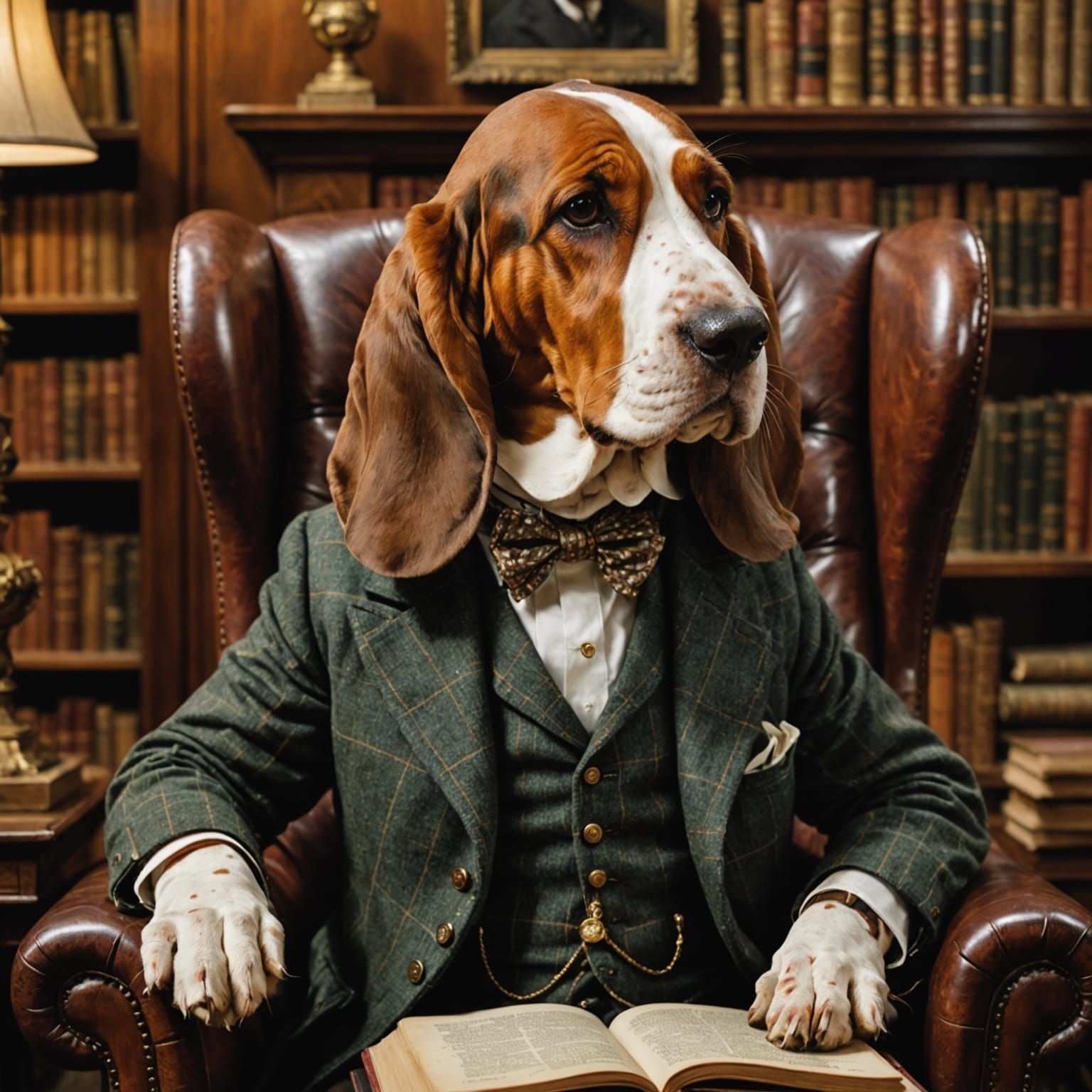 A distinguished Basset Hound, adorned with a monocle and a tweed waistcoat, sits regally in a plush, ...  by @Mr Mrs Meadows