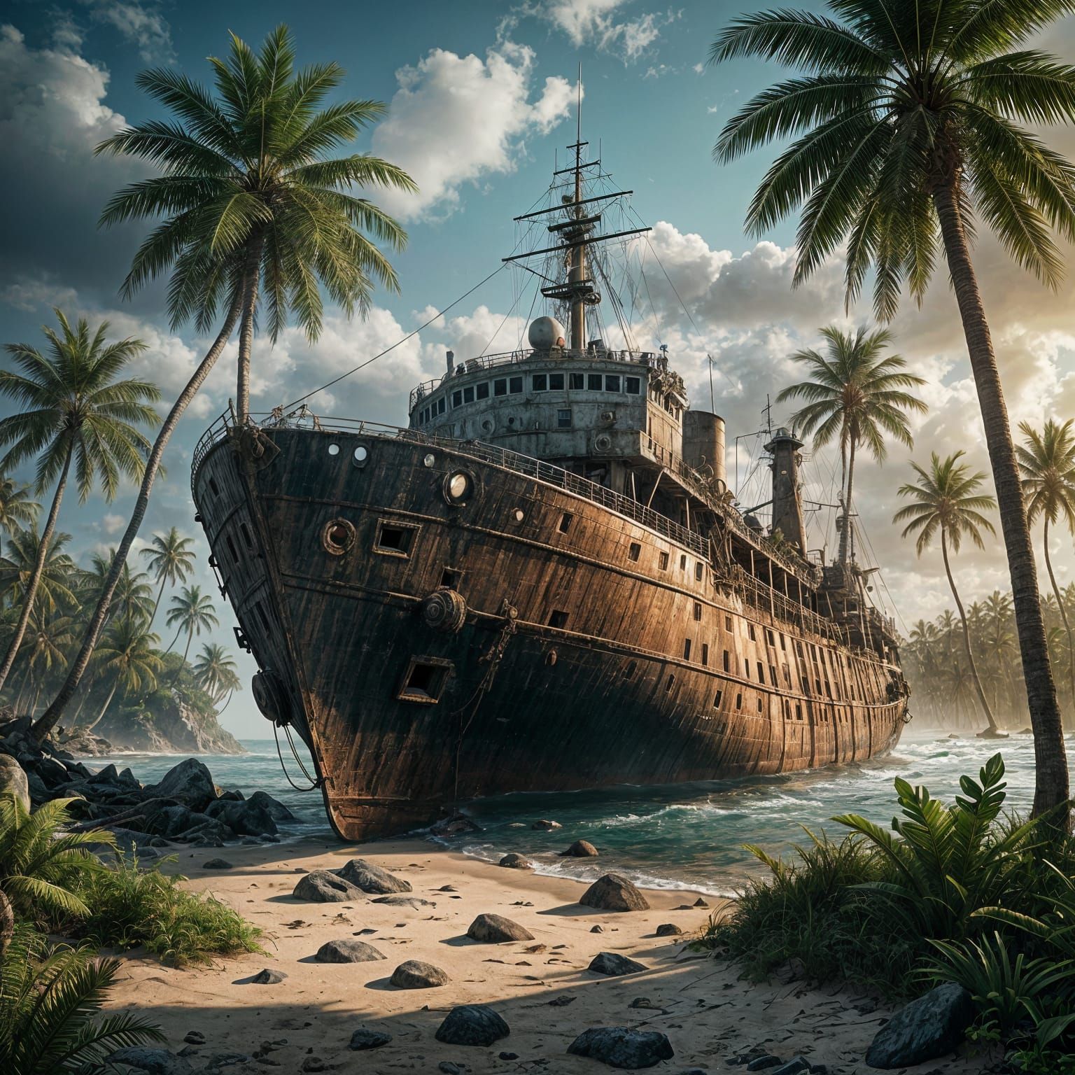 Abandoned Ship on Deserted Island in Sunlight