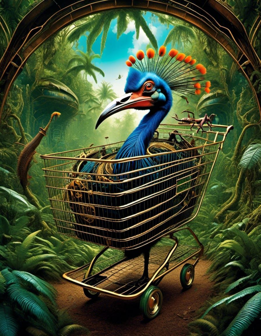fish eye lens <lora:Surreal v2:1.0> Steampunk Shopping-Cart in Rainforest with Scorpion-Life focused Cassowary : intricately detailed : post...
