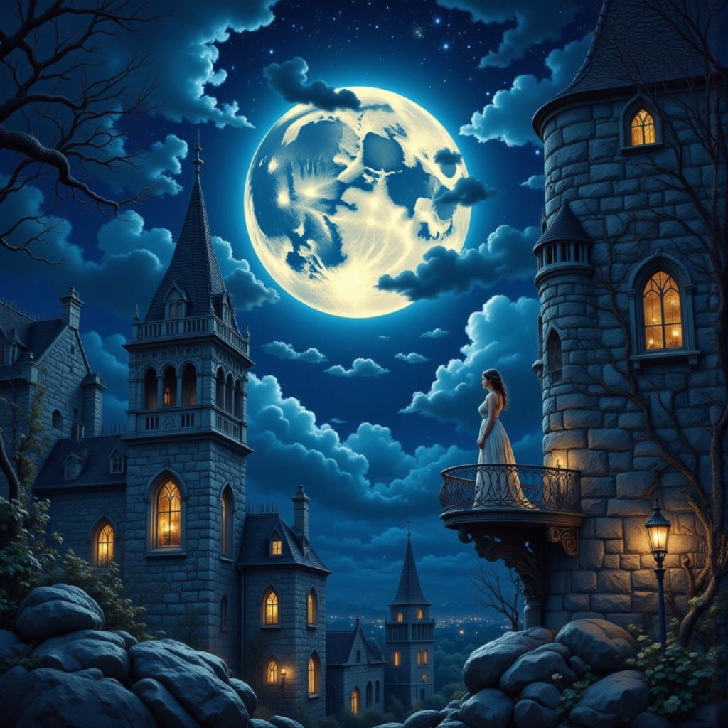 Woman Watches Magical Moon Eclipse from Stone Tower