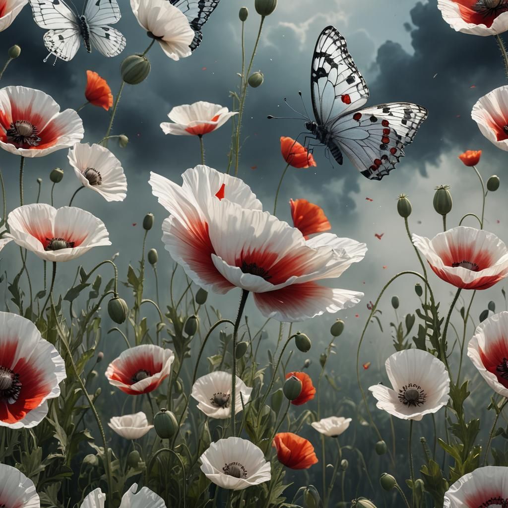 white butterfly on a poppy flower