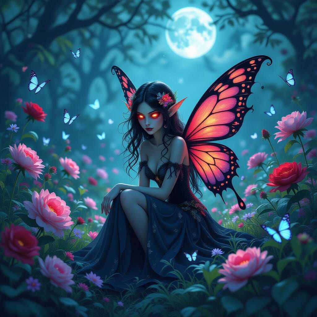 A dark and scary fairy sitting in a garden with beautiful flowers and butterflies all around her