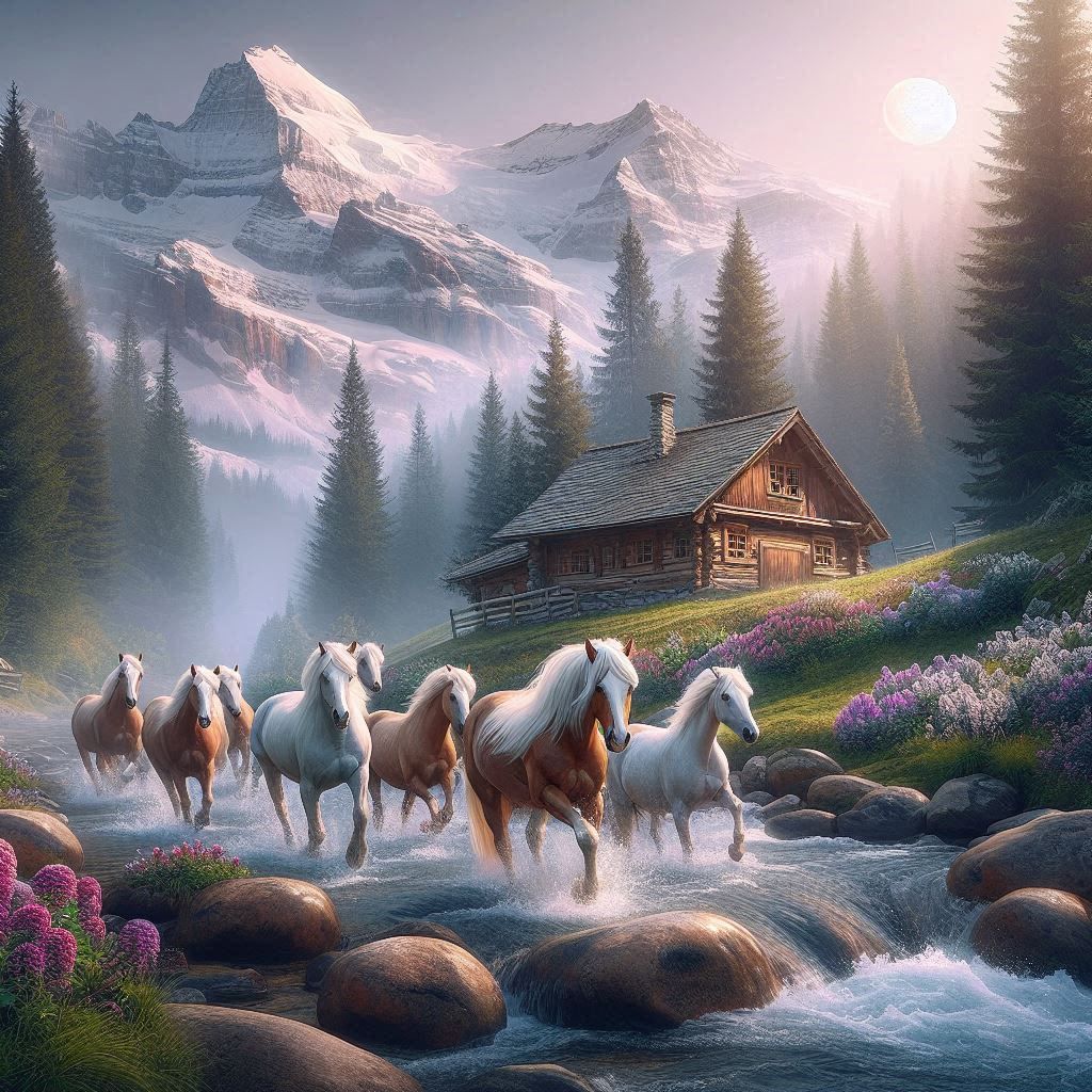 A small group of beautiful horses run in a stream #5