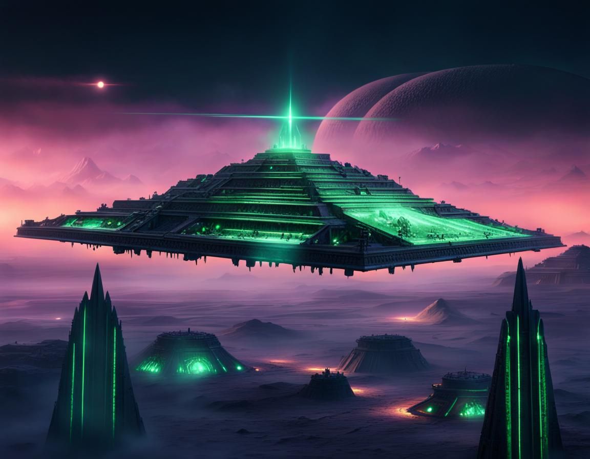 Warhammer 40K. Necron tombworld pyramid flying over the planet surface ...