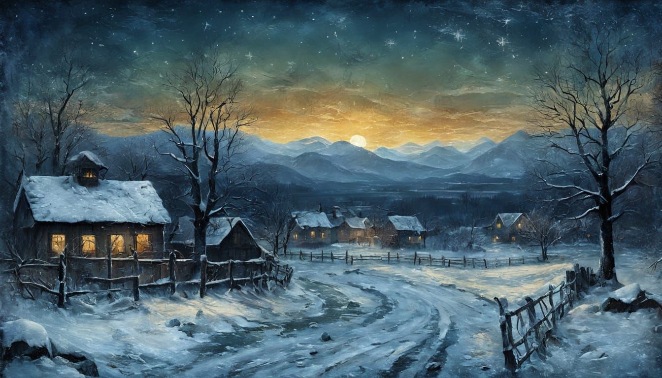 Christmas Midnight Landscape on Old Canvas Painting