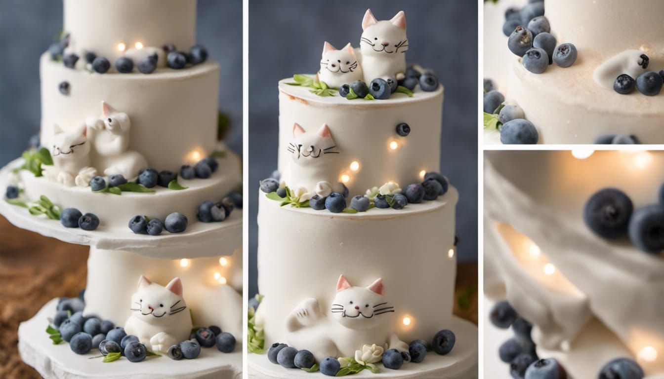 A wedding cake in a shape of triple storage cake decorated with white  frosting and blueberries with a figure of 2 happy cats hugging each others  - AI Generated Artwork - NightCafe Creator