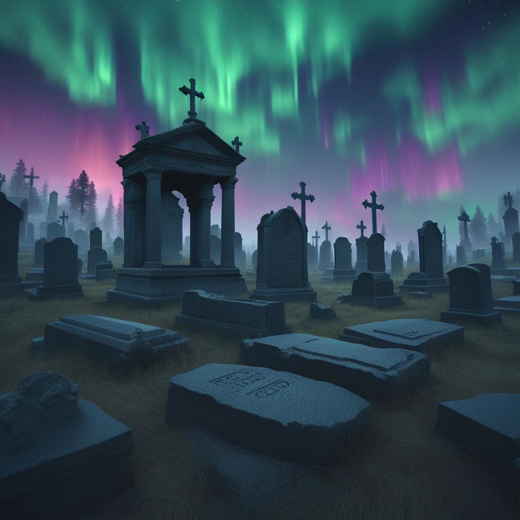 Gloomy graveyard that catches the colors of the northern lights 3D Game Cinematic Feel, Epic 3D Videogame Graphics, Intricately Detailed, 8K...