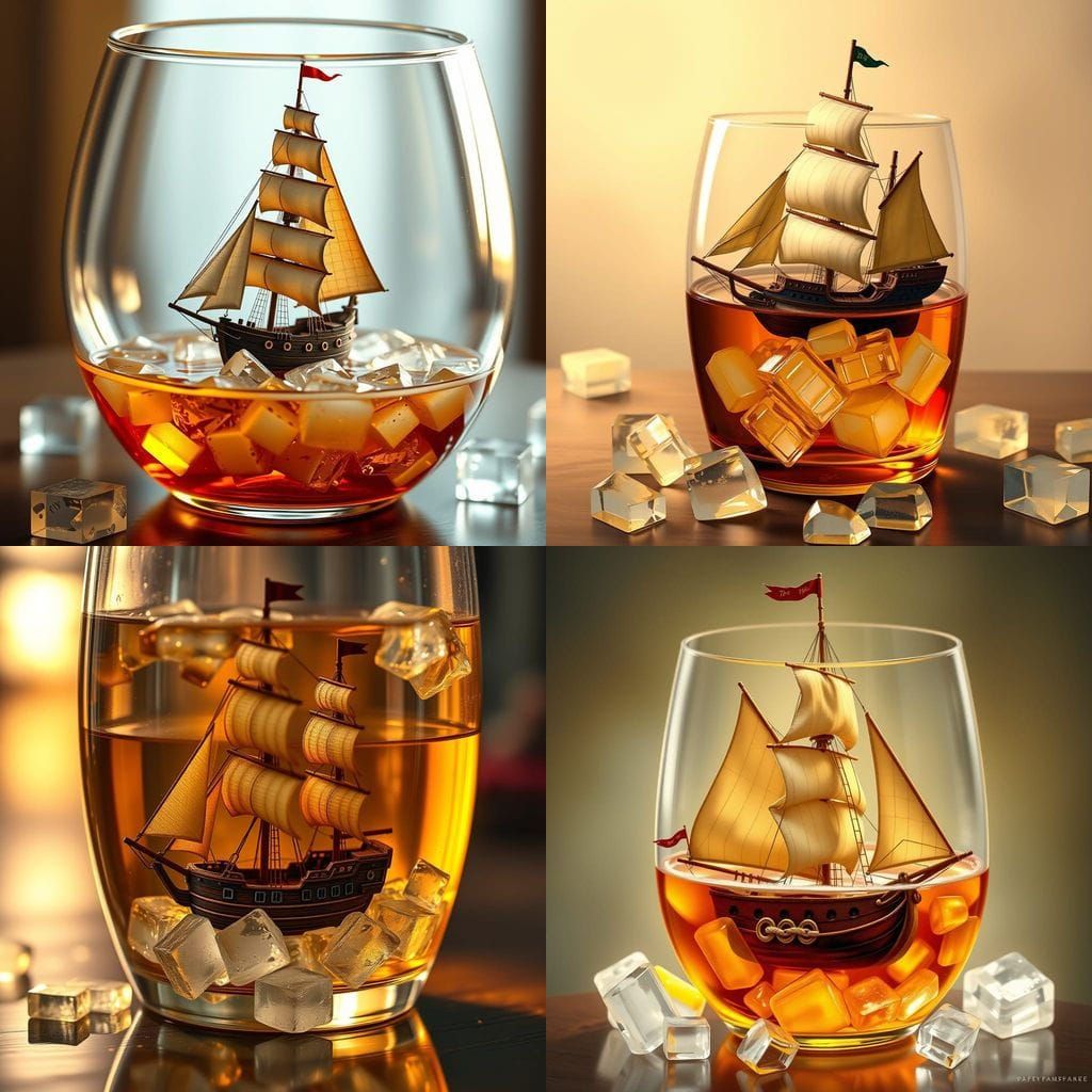 a very small1700's ship sailing in a very large glass