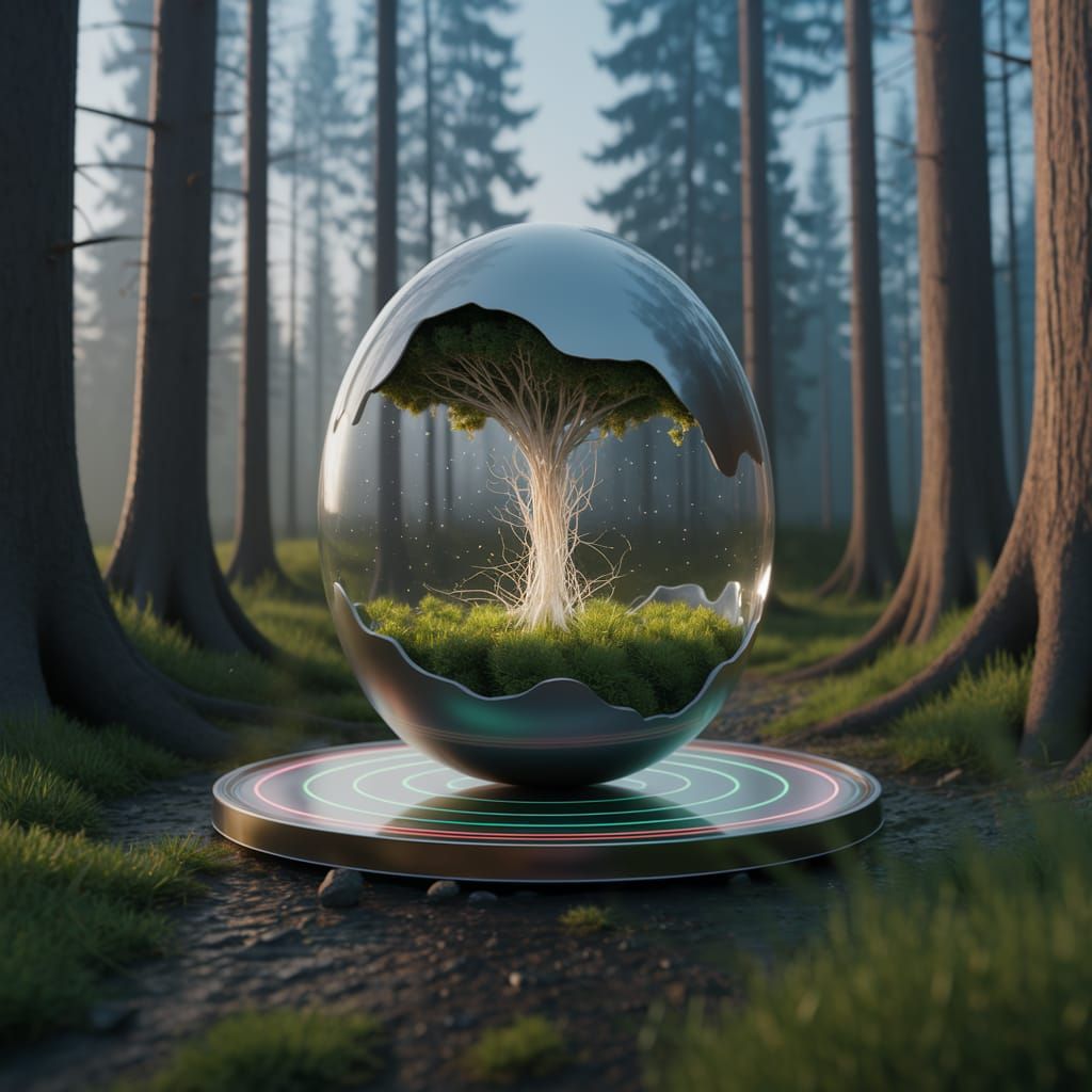 in stargazing platform trapped in floating_glowing_egg mycelium network, in warped perspective with forest ...  by @Joy K