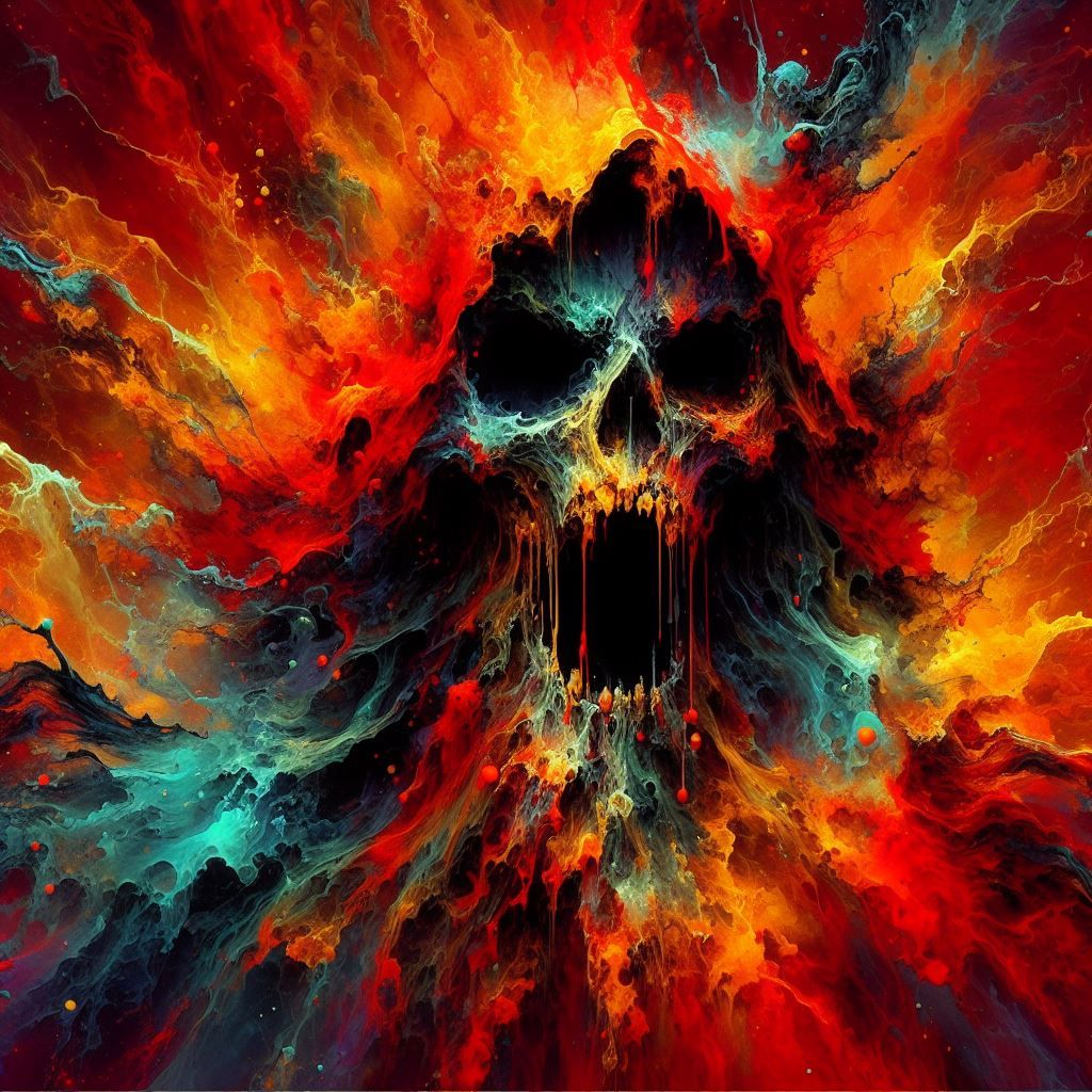 Terrifying ghostly shadow vampire, red orange yellow electric blue green black white, liquid, ink, splatter, splash, by James Jean and Arthu...