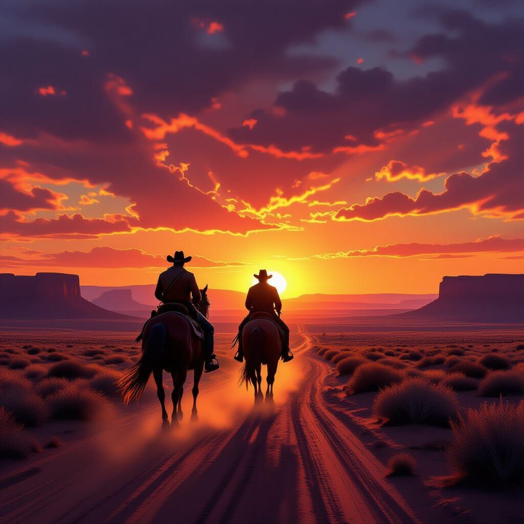 A solitary cowboy on horseback slowly rides away along a dusty desert trail, moving toward a blazing orange-red sunset. His silhouette is da...