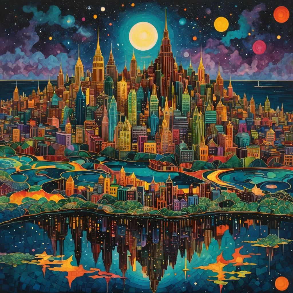 Colorful geometric cityscape, (reflected:1.2) in the water. Prismatic, fantastical, stars, night. (Frank ...  by @Krizza