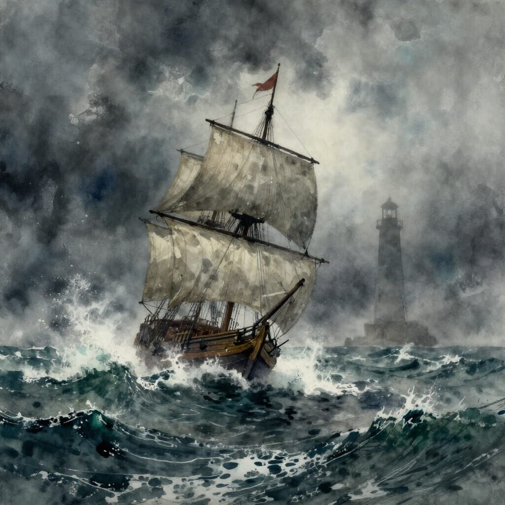 Spectral Galleon in Storm, Watercolor Style