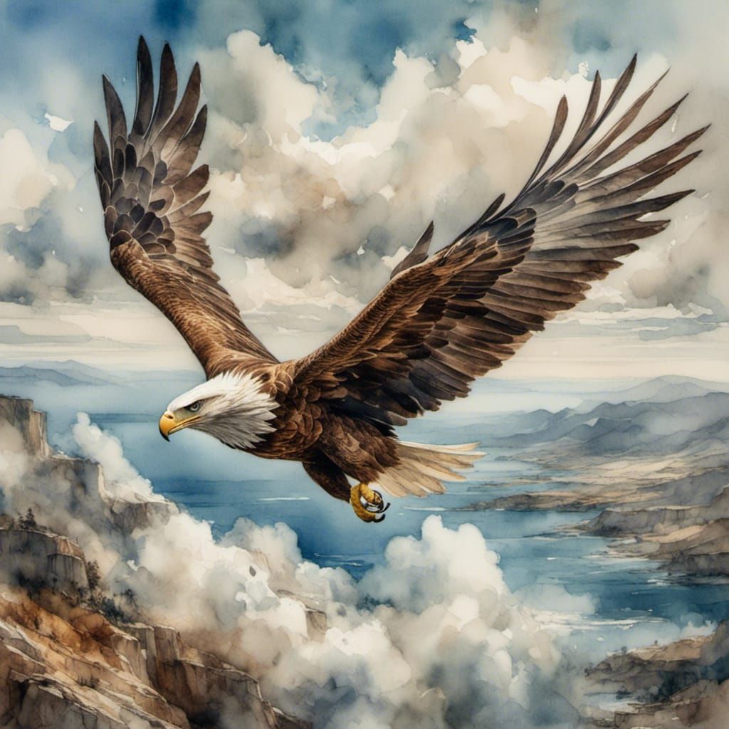 A majestic eagle soaring high in the sky, its powerful wings fully spread. 