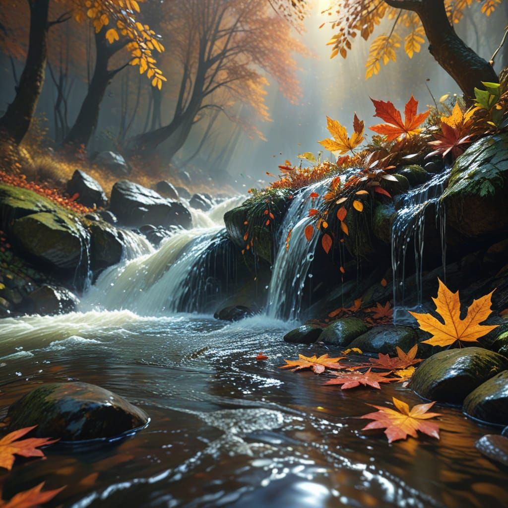 Reflections of fall colors dancing across rushing water, morning light, mist, small stream in waterfall, ...  by @aradama