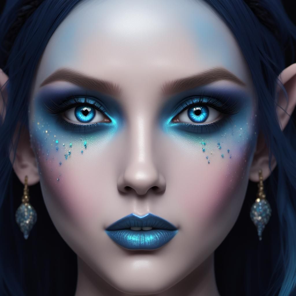 Ethereal gothic elf with blue hair and blue eyes with blue e...