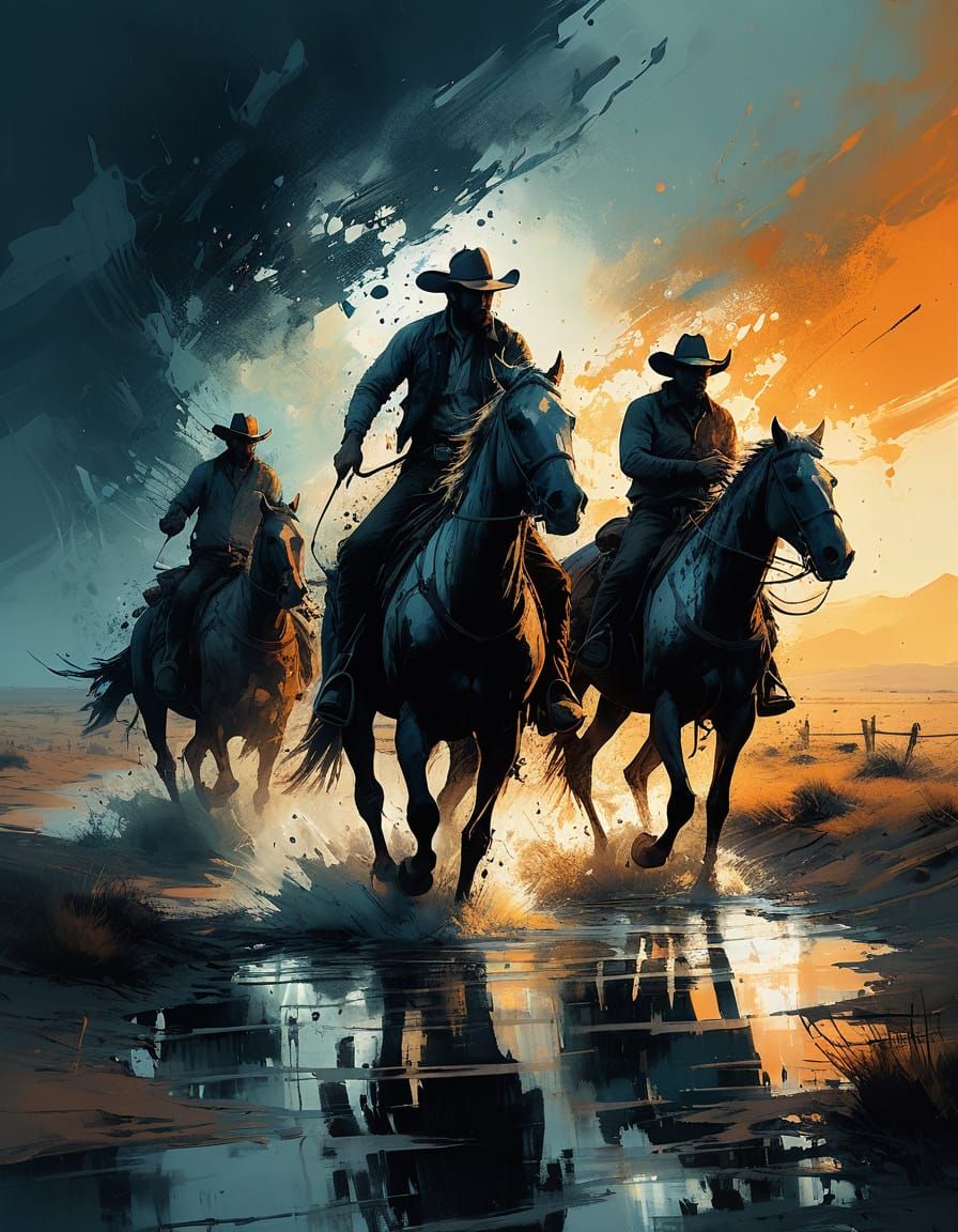 Cowboys by Pino Daeni, Jeremy Mann, Carne Griffiths, Wadim Kashin, James Gurney, abstract art complementary ...  by @Queen_Asha