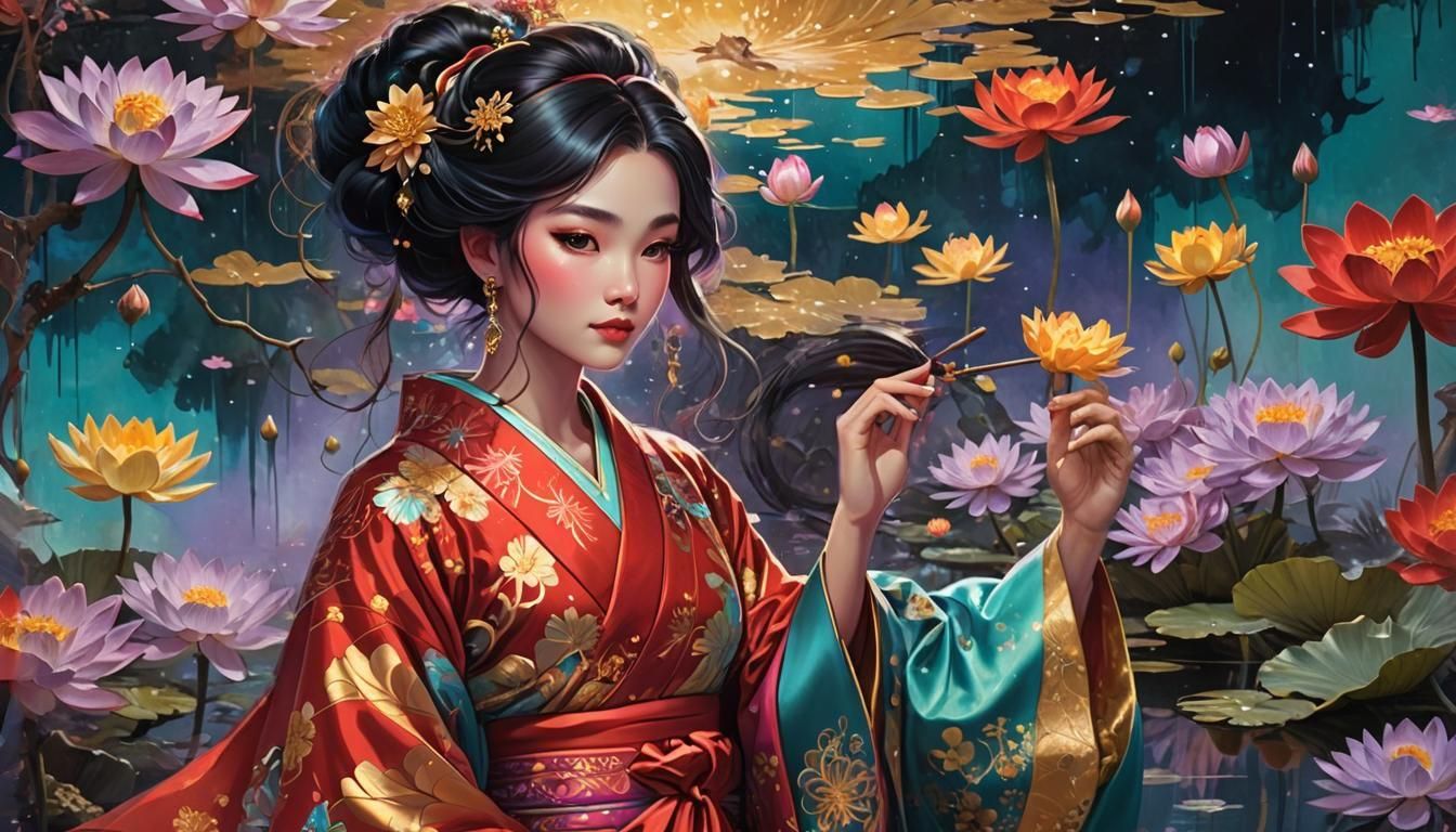 Beautiful Disney princess in red yellow lilac and turquoise lacecraft kimono touching a mirrored reflection of herself, intricate golden mot...