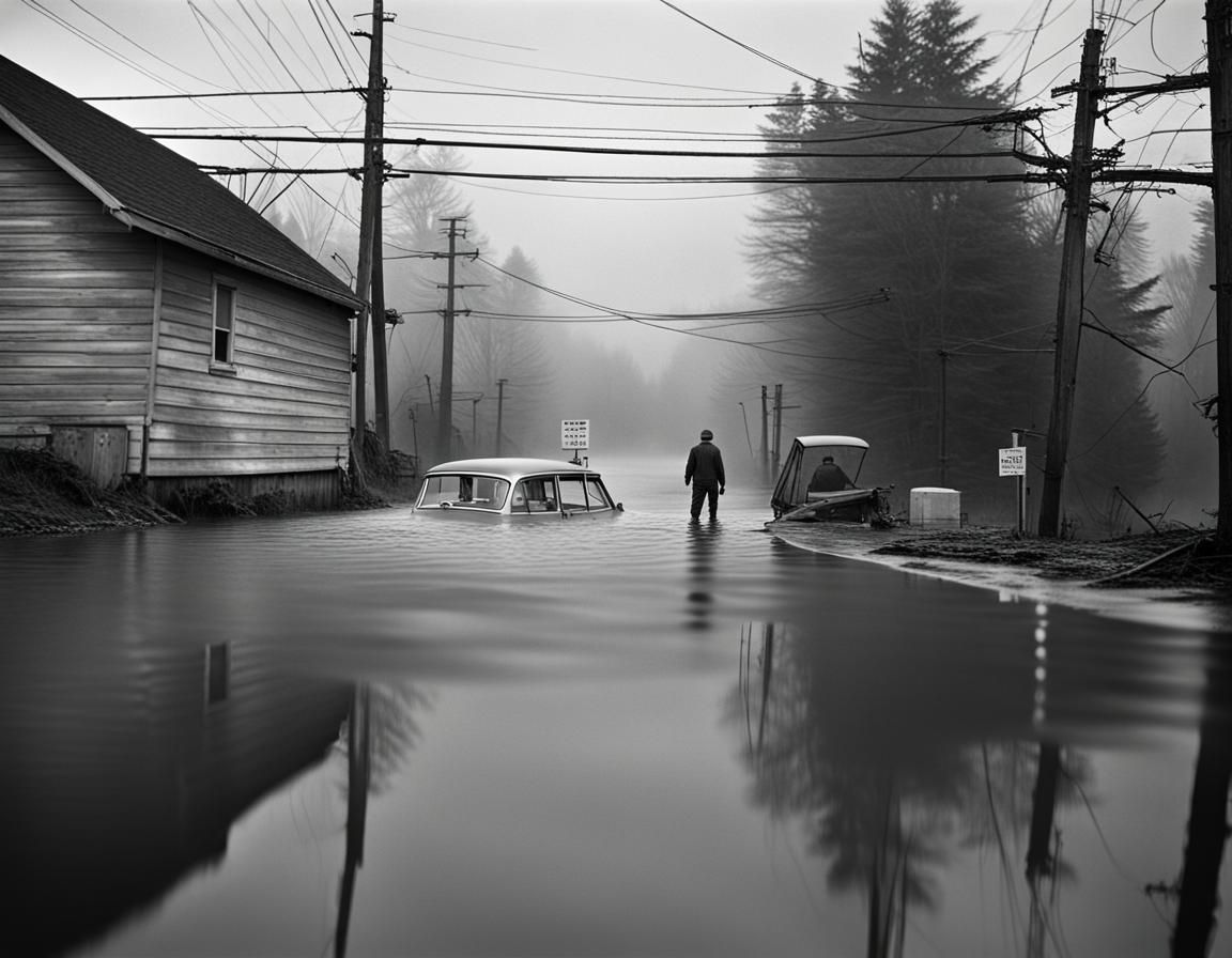 Underwater Road in Flooded Village: Fine Art Photography