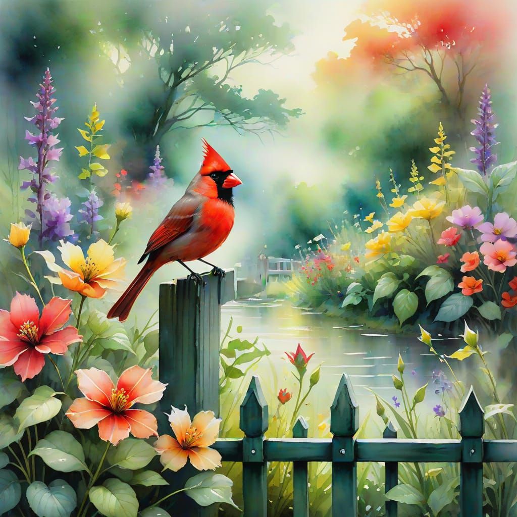 Lush Garden Scene with Vibrant Red Cardinal