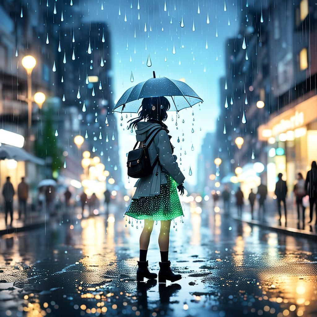 A miniature girl, Rain as a cascade of tiny, glowing orbs, illuminating ...