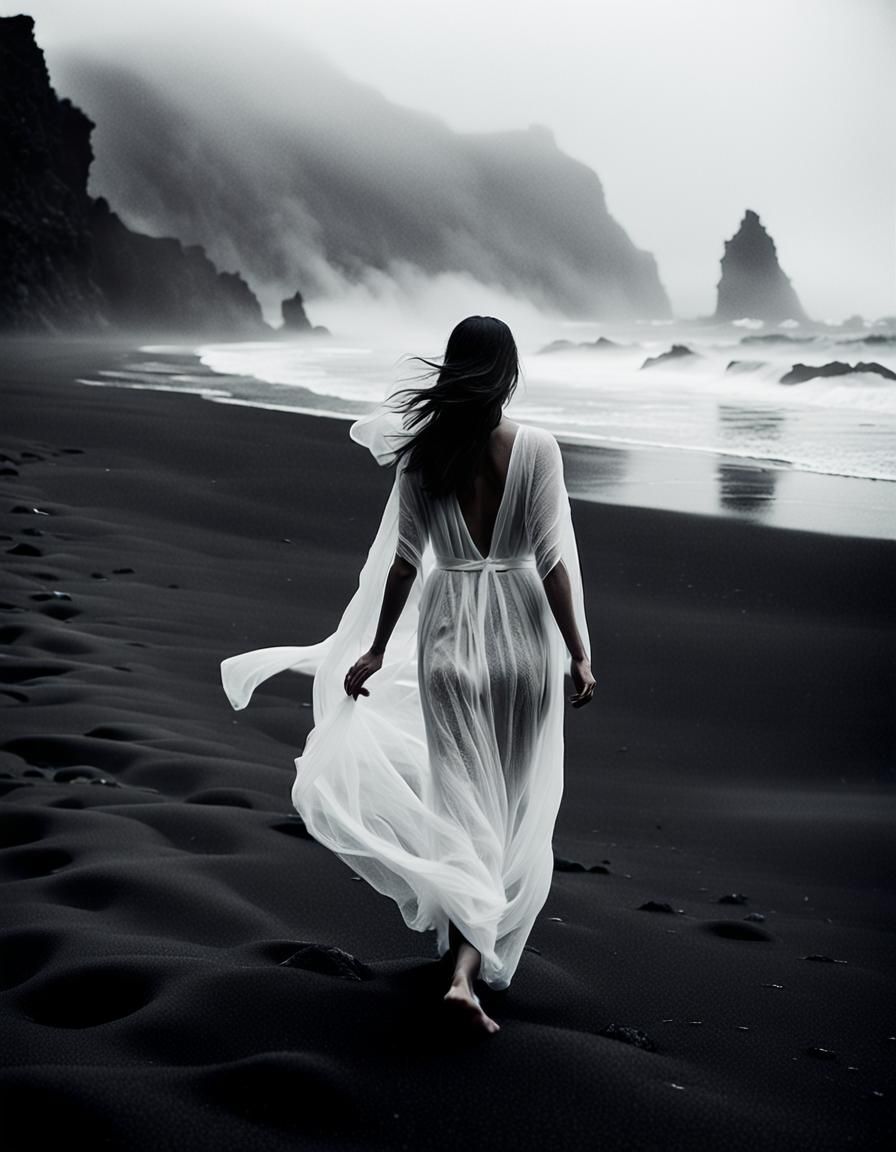 Midnight Stroll: Moody Black and White Beach Photo