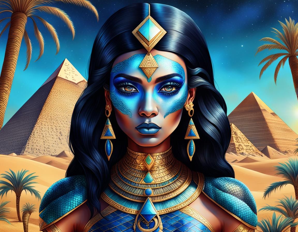 queen of egypt with big black eyes and blue makeup, black ha...