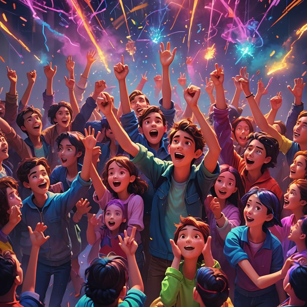 Triumphant Youth Celebrate in Vibrant Surrealist Scene