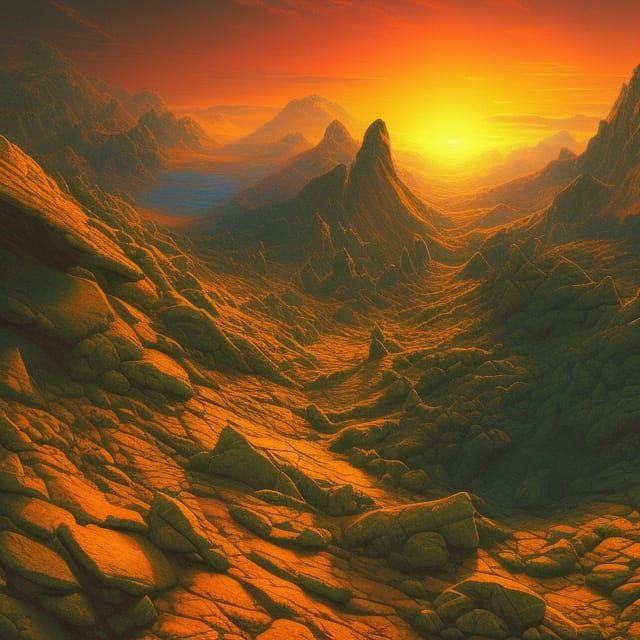 Martian mountains alpine forest sunset deep shadows golden g...