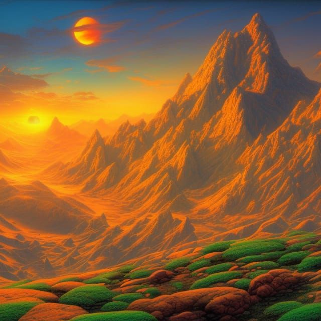 Martian mountains alpine forest sunset deep shadows golden g...