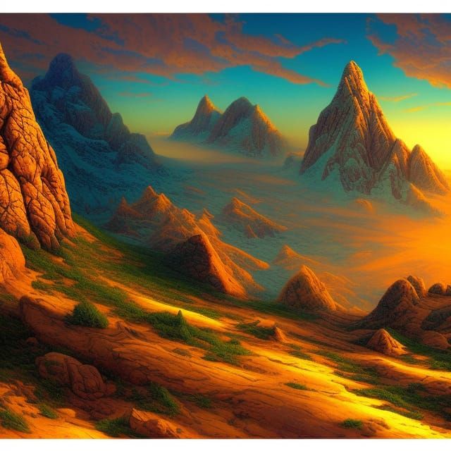 Martian mountains alpine forest sunset deep shadows golden g...