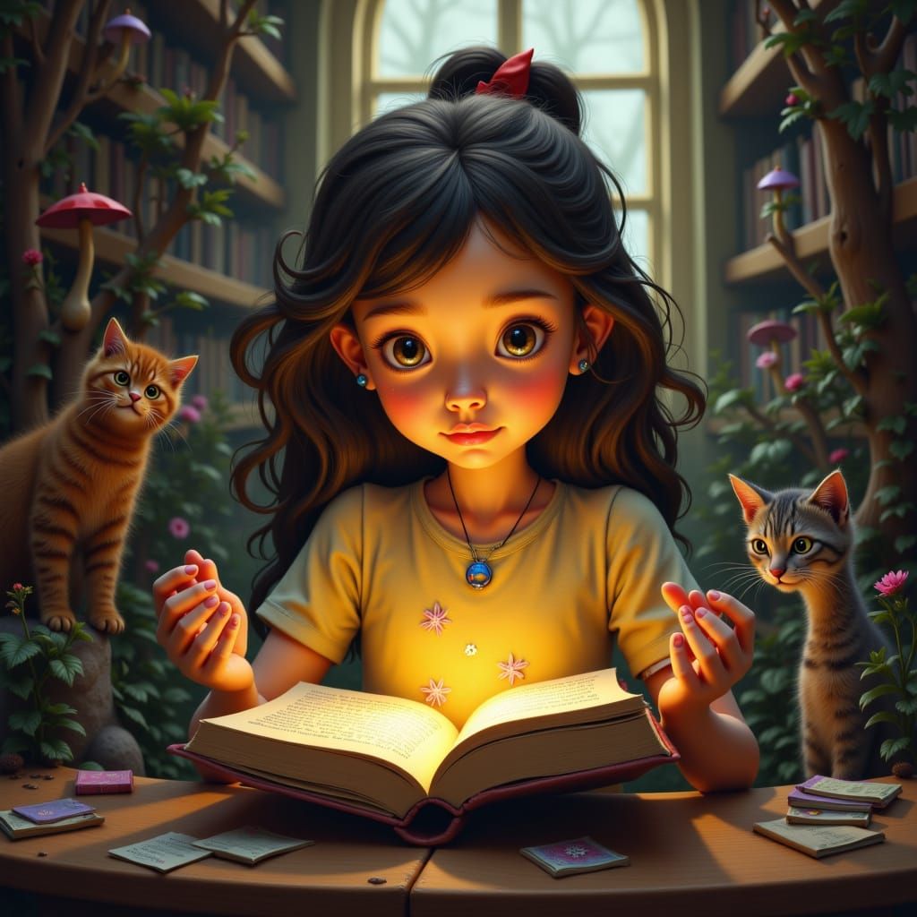 in a library a little girl reads a book about <lora:Wonderland:1.0> which comes to life before her eyes