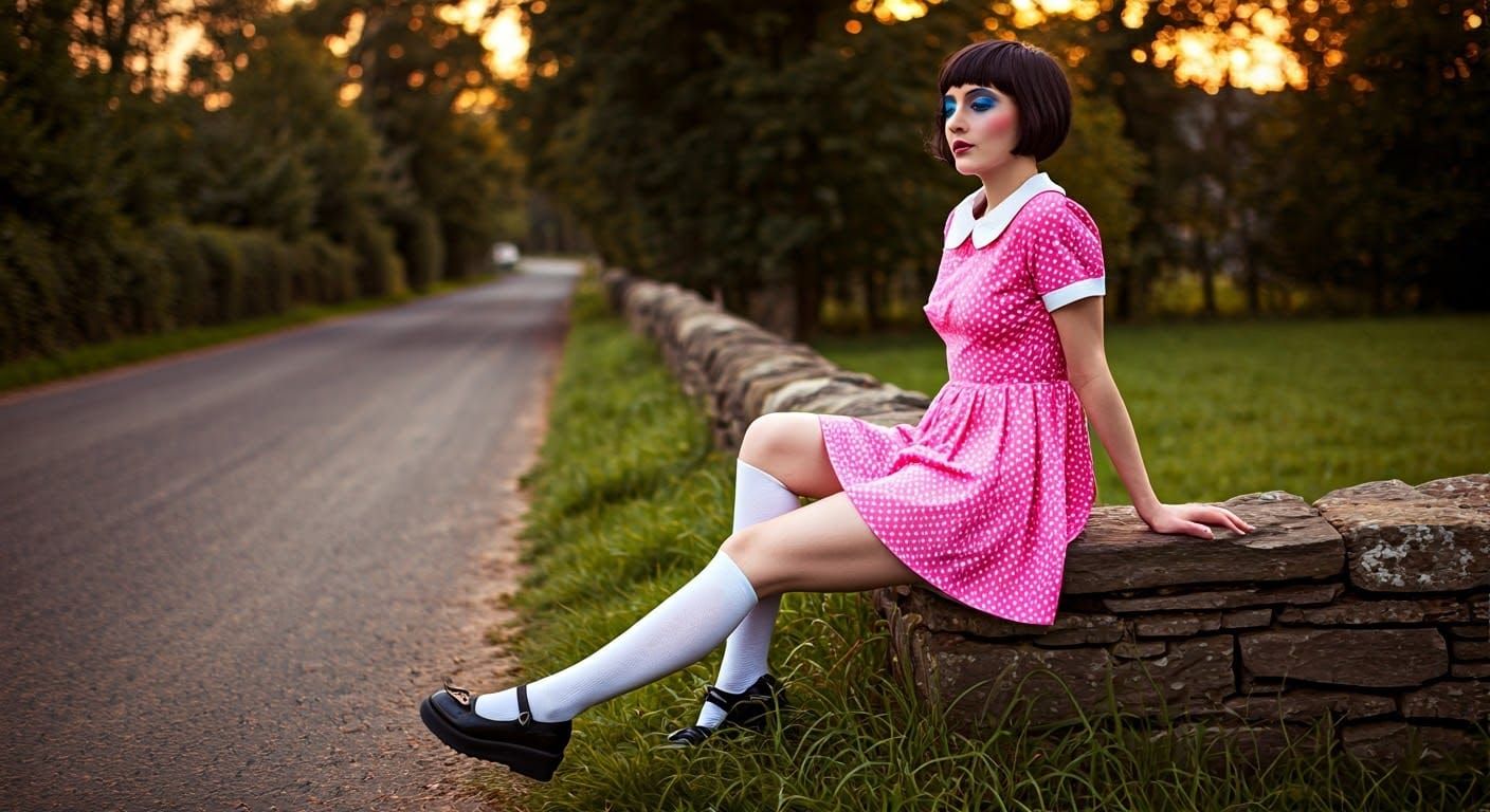 woman, 33. quiet country road. sitting on a wall. Outfit She is