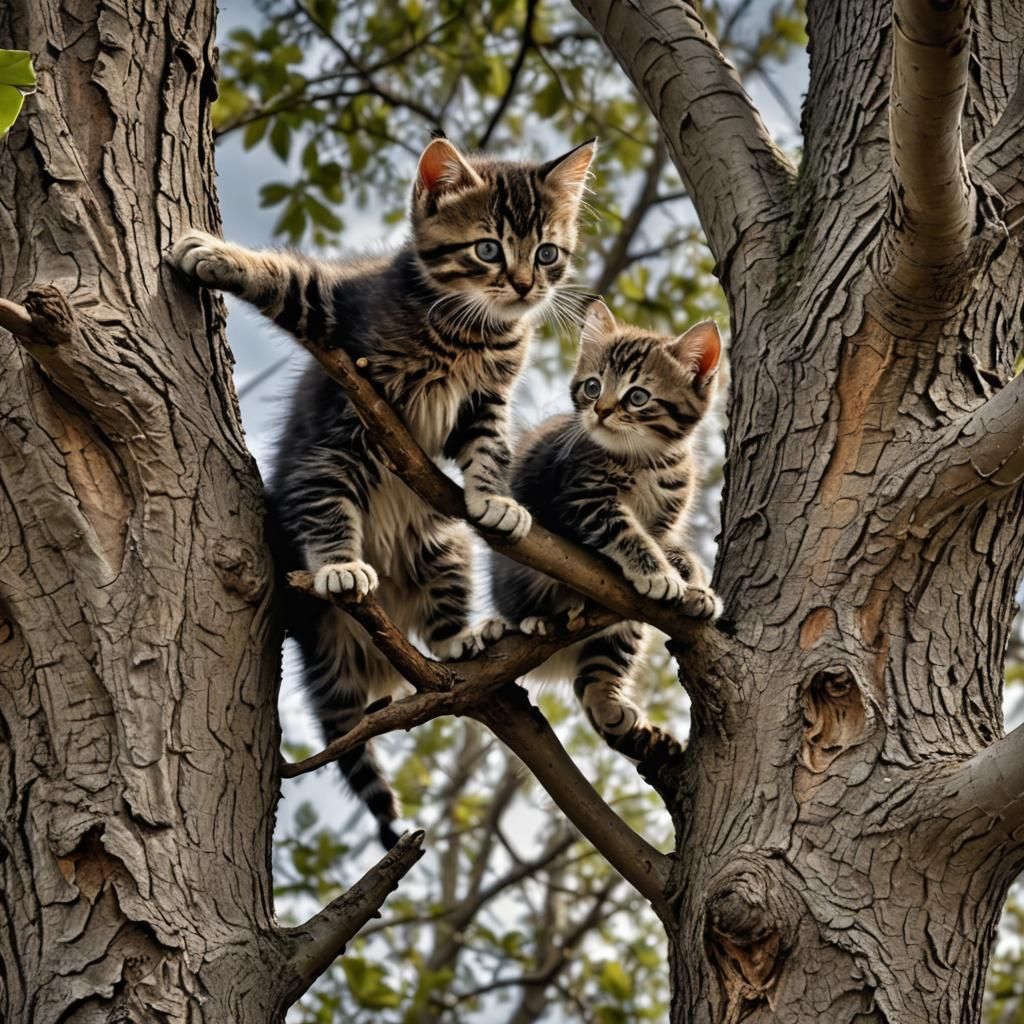 Kittens climbing up a tree chasing a Bird.