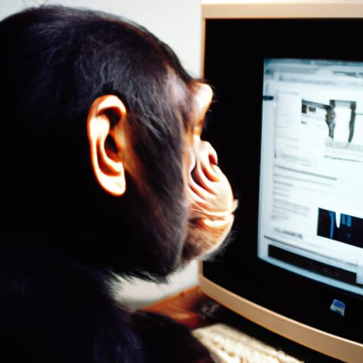 chimpansee vieuwed from behind doing research on a computer - AI ...