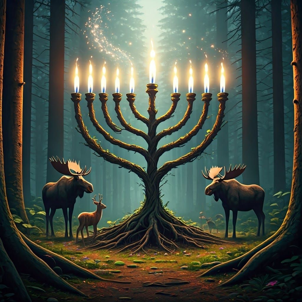 Enchanted Menorah in Serene Forest Landscape