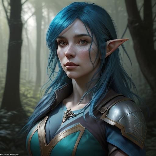 Blue Haired Half elf ranger in the woods



