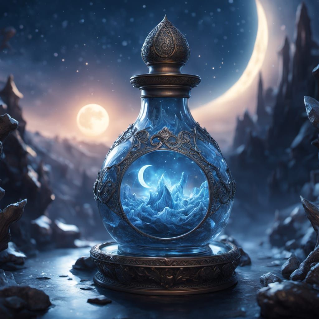 Beautiful glowing silver-blue potion, Moonwhisper Elixir, floating stardust inside, crystal bottle with moon runes, soft celestial light, et...