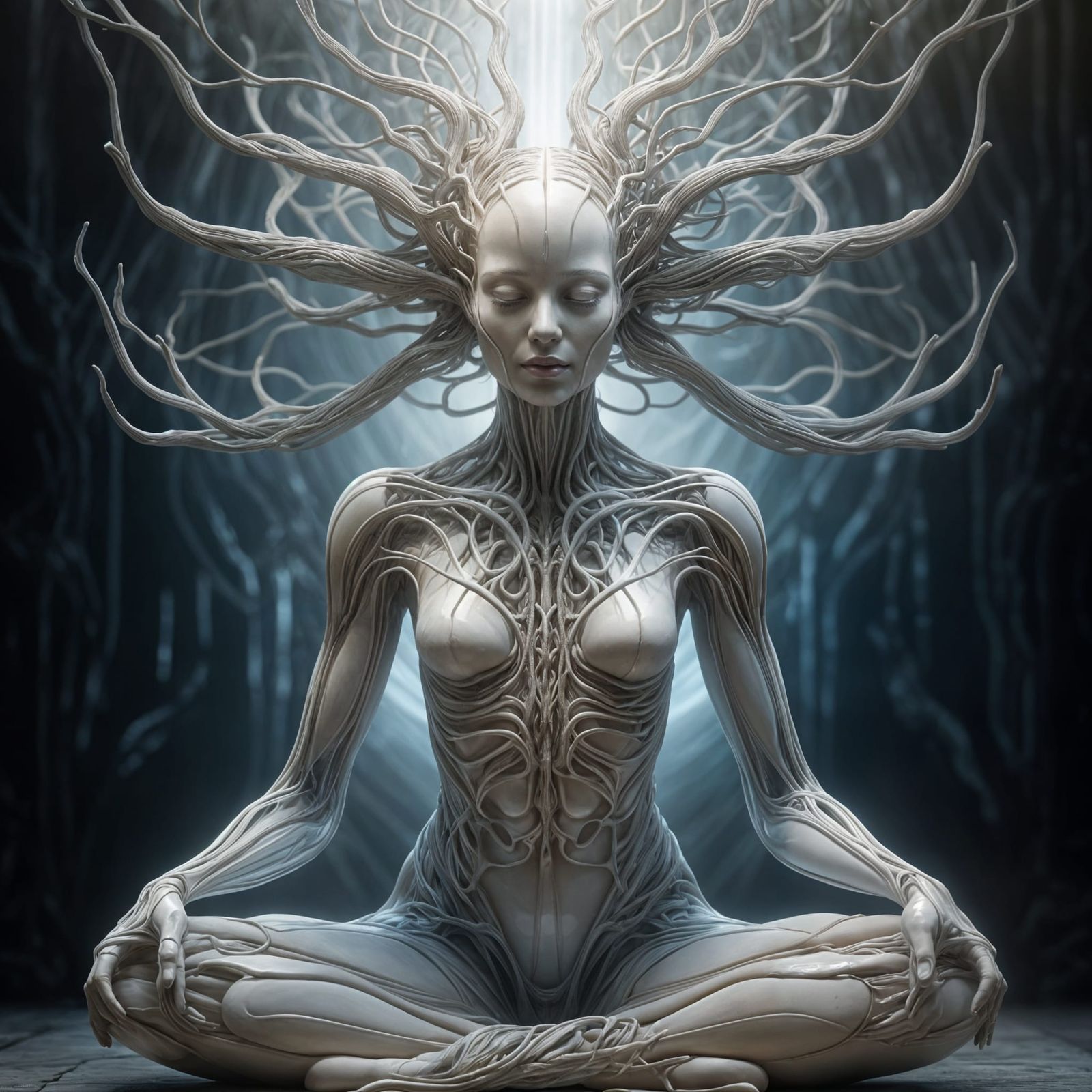 A serene figure made from complex root networks organic structures sits in a crossed-legged posture, ...  by @EliArt