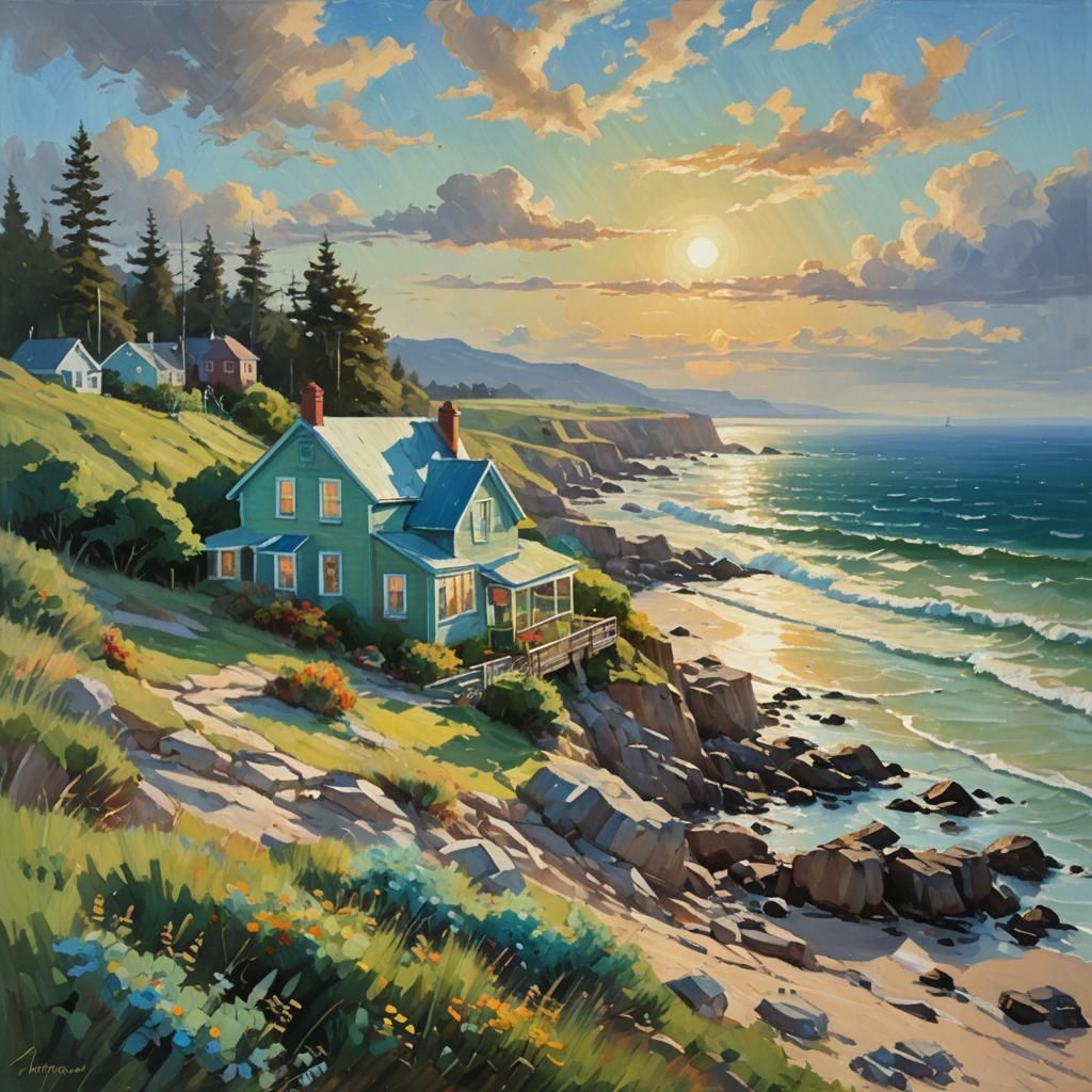 Impressionist Artist Painting Coastal Seascape en Plein Air