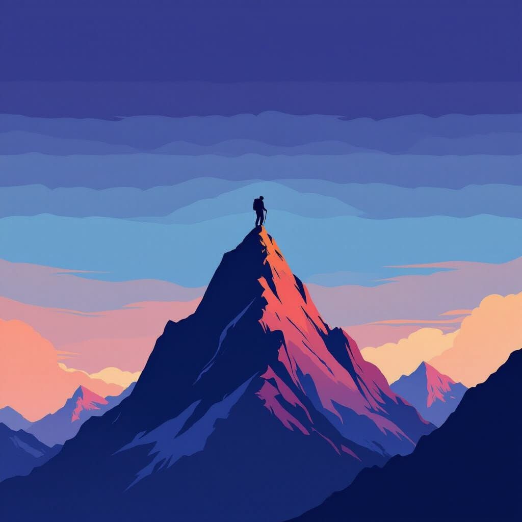 A minimalist poster for a solo mountain climbing expedition. The design features a single, stylized figure ascending a sharp, angular peak a...