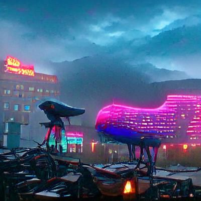 a cyber punk psychadelic mushroom hotel at dusk