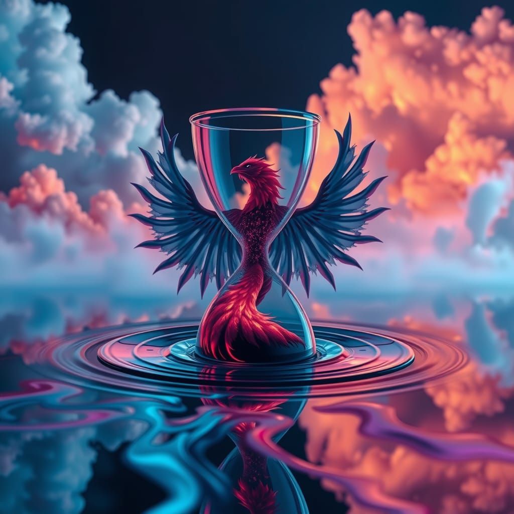 Colorful Fluid Phoenix in Hourglass