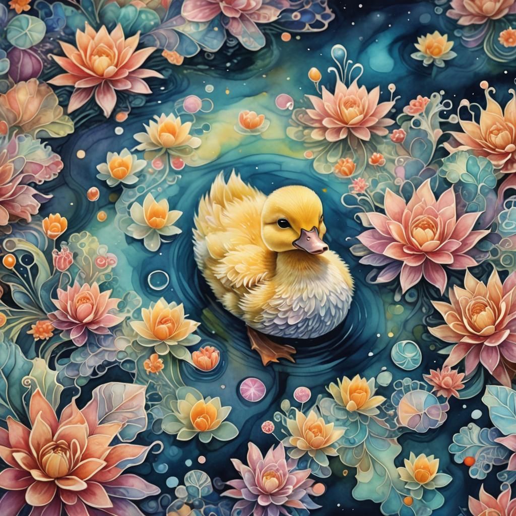 Abstract Watercolor Fractal Duckling in Pool